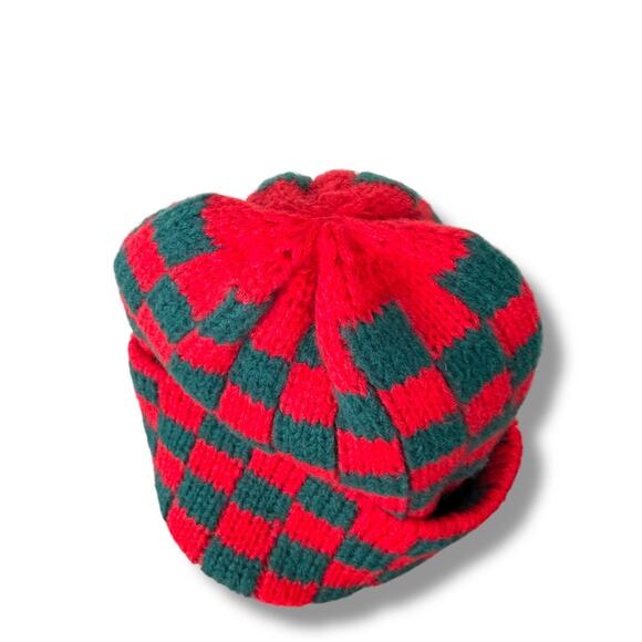 Y2K Women's Multicolor Red Green Cat Crochet Plaid Grunge Emo Knitted Hat Beanie - Picture 4 of 4
